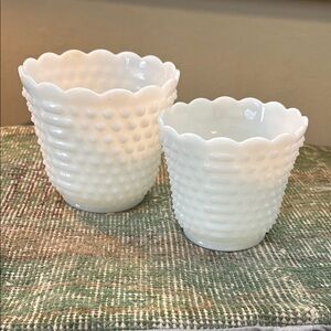 Two white milk glass hobnail plant pots